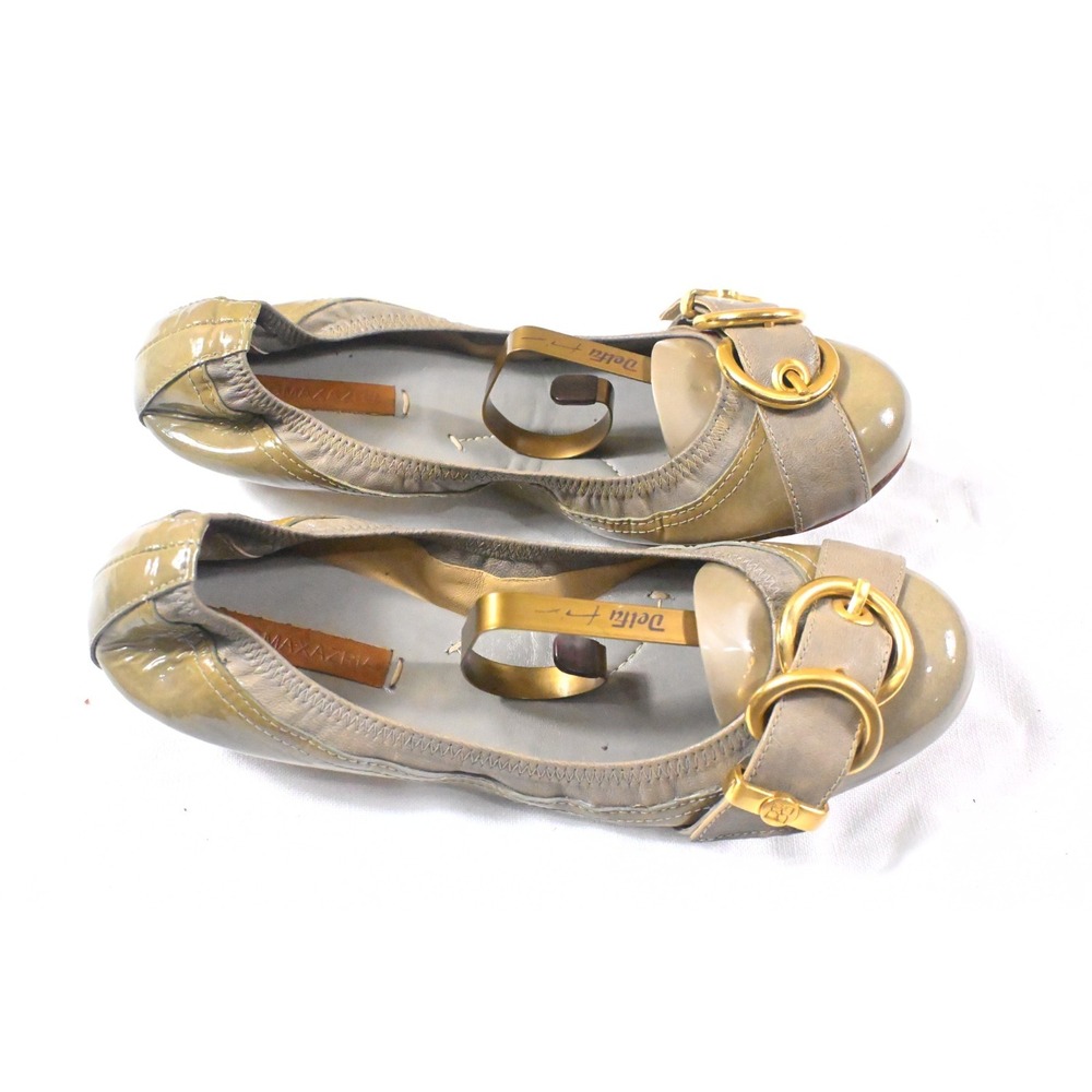 BCBGMAXAZRIA Gray Olive Patent Leather Buckle Ballet Flats Scrunched Sz 9M - Picture 12 of 12